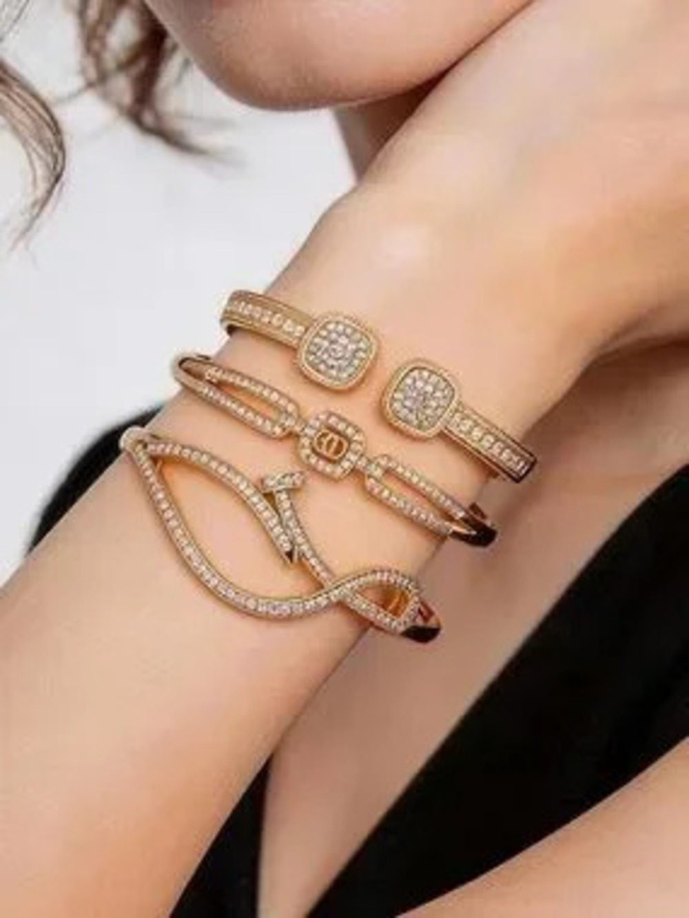 Anthropologie Gold-Tone Crystal Stackable Cuff Bracelet Set